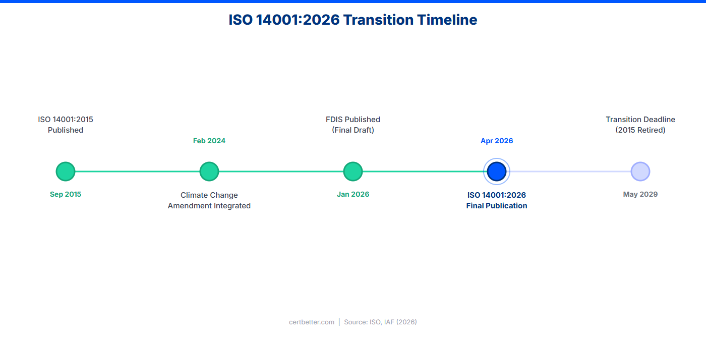 ISO 14001:2026 transition timeline from 2015 to May 2029
